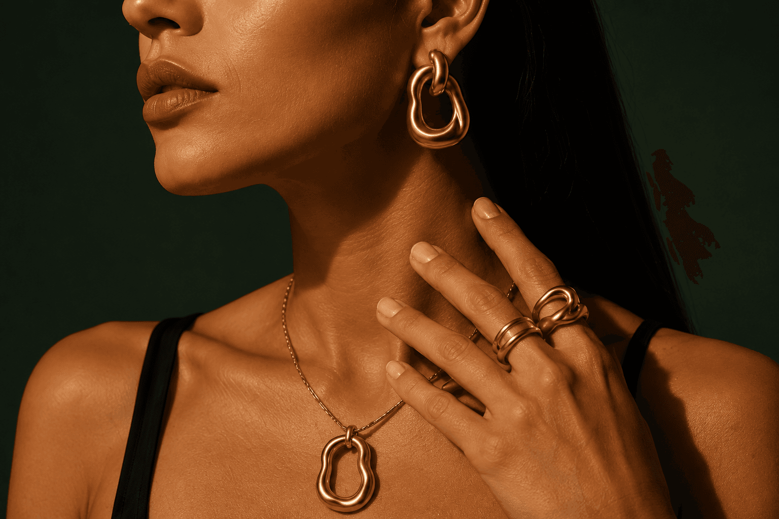 Model wearing contemporary gold jewelry